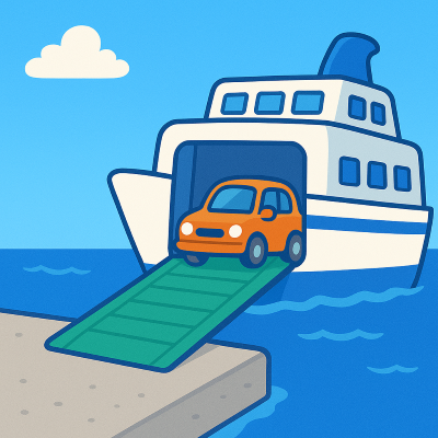 フェリーには車が乗れる場所があります。それはどこ？